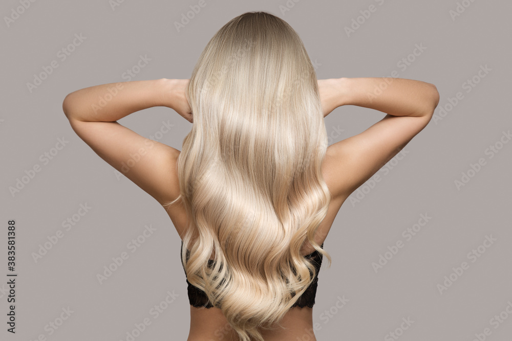 wavy blond hair back view - obrazy, fototapety, plakaty 