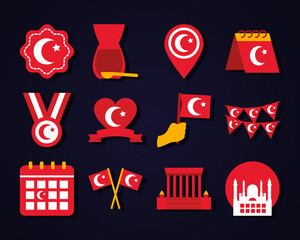 Poster - calendar and turkey republic day icon set, flat style