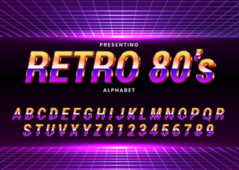 Fototapete - Retro Futuristic 80s font style. Vector alphabet with chrome effect template for game title, poster headline, old style