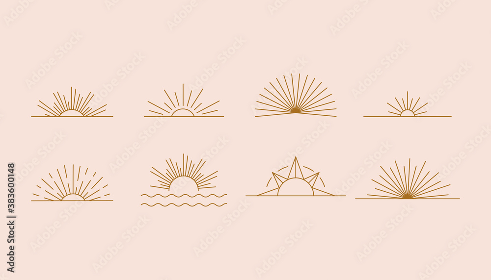Vector set of linear boho icons and symbols - sun logo design templates  - abstract design elements for decoration in modern minimalist style for social media posts - obrazy, fototapety, plakaty 