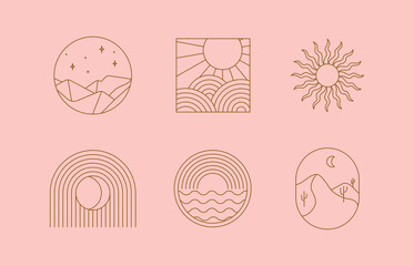 Fototapete - Vector set of linear boho icons and symbols - sun logo design templates  - abstract design elements for decoration in modern minimalist style for social media posts