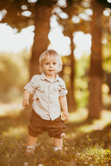 Wall Mural - A small blond boy dressed in a vintage jumpsuit in a field at sunset