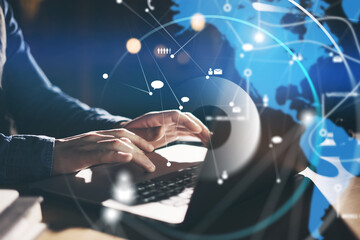 male hands with laptop. man working remotely at home. concept of networking or remote work. global b