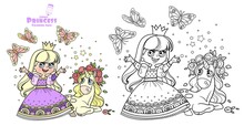 Cute Princess In Purple Dress With Cute Unicorn Baby In Roses Wreath Outlined And Color For Coloring Book