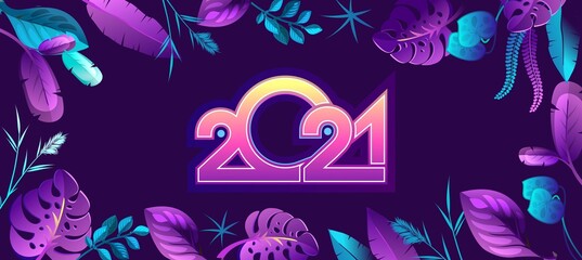 Wall Mural - 2021 tropical leaves horizontal calendar vector