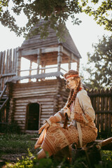 Wall Mural - A beautiful Slavic girl with long blonde hair and brown eyes in a white and red embroidered suit is sitting next to a wooden house.Traditional clothing of the Ukrainian region.