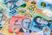 Scattered Pile Of Australian Notes In Cash Five Dollars To Fifty All New Notes