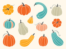Set Of Cute Decorative Pumpkins Of Various Shapes And Colors. Colorful Collection Of Objects For Halloween, Thanksgiving, Harvest And Autumn Season. Isolated Flat Vector Elements