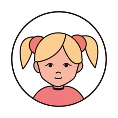 Poster - cute girl blonde with ponytails cartoon character, round line icon