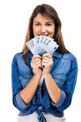 Wall Mural - Woman holding some Euro currency notes