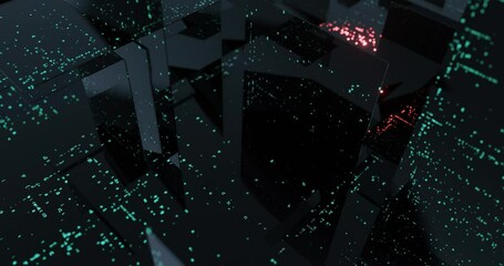 Poster - Source code on many monitor screens. Futuristic technology neon abstract motion background with glowing code letters. 3D render, 4K seamless loop