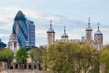 The Tower Of London And The 30 St Mary Axe Skyscraper. England, UK.
