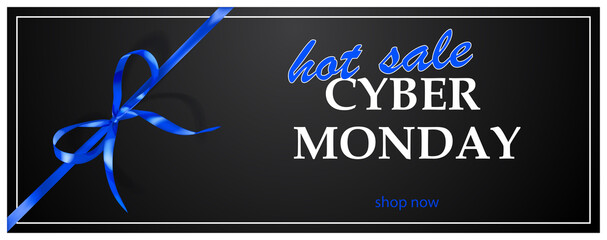 Wall Mural - Cyber Monday sale banner with blie bow and ribbons on black background. Vector illustration for posters, flyers or cards.