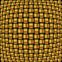 Abstract 3D Gold Weave Pattern On Dark Background And Texture. Gold Wicker Pattern. Vector 3d Realistic Illustration. Abstract Luxury Golden Lines Weave Pattern. Metallic Weave Ribbons. Vector Eps10