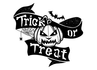 Wall Mural - Trick or treat isolated quote and design elements. Vector holiday illustration. Hand drawn doodle letters, skull and pumpkin