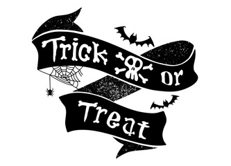 Wall Mural - Trick or treat isolated quote and design elements. Vector holiday illustration. Hand drawn doodle letters, skull and pumpkin