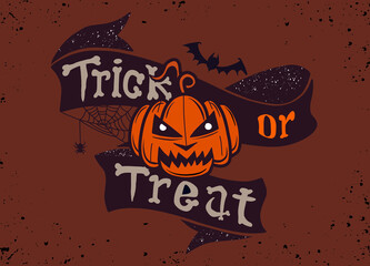 Wall Mural - Trick or treat isolated quote and design elements. Vector holiday illustration. Hand drawn doodle letters, skull and pumpkin