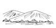 Hand-drawn simple vector landscape in black outline. Trees, bushes, mountains on the horizon, hills. Wildlife, tourism, travel, nature. Ink sketch.