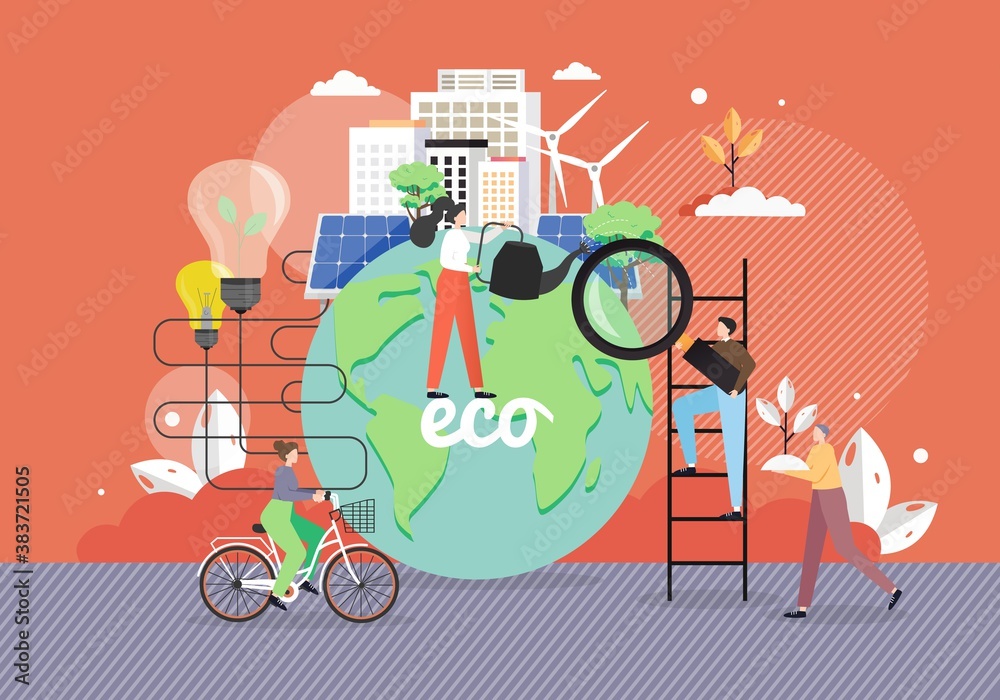 Green eco city, alternative energy sources, people taking care of planet Earth, riding bike, flat vector illustration. - obrazy, fototapety, plakaty 