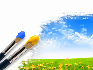 Wall Mural - Paint brushes and landscape image