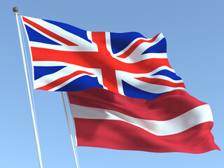 Wall Mural - The flags of United Kingdom and Latvia on the blue sky. For news, reportage, business. 3d illustration