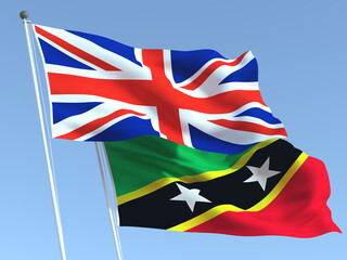 Wall Mural - The flags of United Kingdom and Saint Kitts and Nevis on the blue sky. For news, reportage, business. 3d illustration
