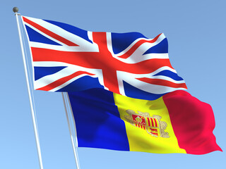 Wall Mural - The flags of United Kingdom and Andorra on the blue sky. For news, reportage, business. 3d illustration