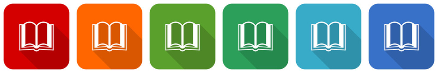 Leinwandbilder - Book icon set, flat design vector illustration in 6 colors options for webdesign and mobile applications