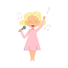 Wall Mural - Cute Girl in Dress Holding Microphone and Singing Vector Illustration