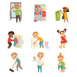 Energetic Children Doing Housecleaning Rubbing Mirror and Sweeping the Floor Vector Set