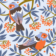 Vector Seamless Pattern With Robin Birds On The Branches Of Elder. Cute Animal Fabric Design For Kids Fabric Or Wallpaper.