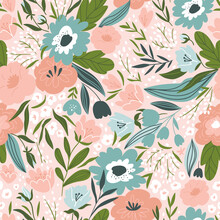 Spring Bouquet. Elegant Hand Drawn Floral Seamless Pattern. Botanical Print. Vector Illustration For Wedding Design.
