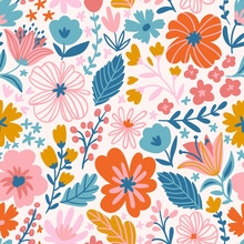 Trendy Seamless Floral Ditsy Pattern. Fabric Design With Simple Flowers. Vector Cute Repeated Pattern For Baby Fabric, Wallpaper Or Wrap Paper