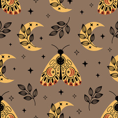 Wall Mural - seamless pattern with bohemian moth and moon