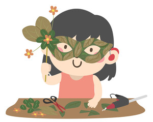 Poster - Kid Girl Leaf Mask Making Scissors Heat Gun