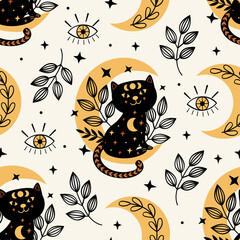 Wall Mural - seamless pattern with magic eye and black cat on the moon