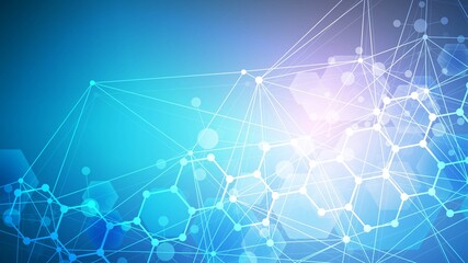 Wall Mural - science network pattern, connecting lines and dots. technology hexagons structure or molecular conne