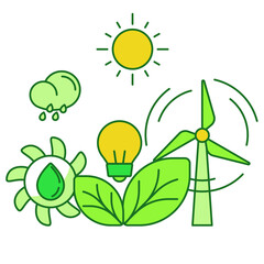 Wall Mural - Ecology set collection hydro wind bio sun power energy white isolated background with green theme flat outline style