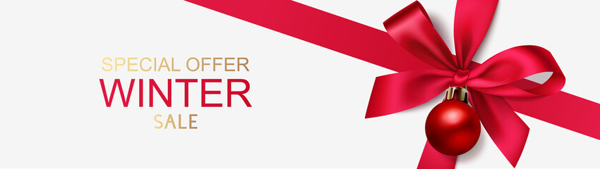 Wall Mural - new year winter sale design template. banner with decorative red bow and christmas ball. vector illu