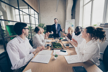 Sticker - Photo of business people diversity age race colleagues sit table discuss anti crisis crash ideas professionals managed 2020 budget fail improvement aged boss greets best team office indoors