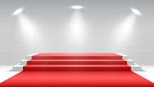 White Podium With Red Carpet And Spotlights. Blank Pedestal. Stage For Awards Ceremony. Vector Illustration.