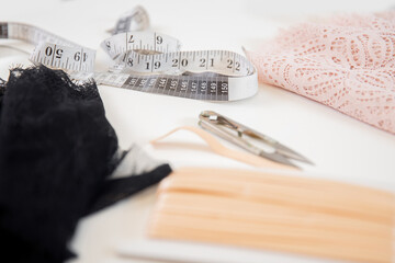 Step 1, Production and sewing of women underwear, top view of seamstress workplace