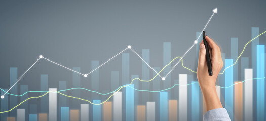 Hand draw chart, growth graph progress of business analyzing financial and investment data