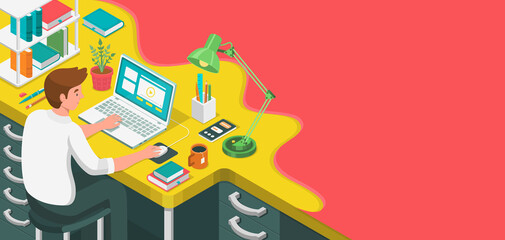 Wall Mural - Learning online at home. Student sitting at desk and looking at laptop. E-learning banner. Web courses or tutorials concept. Distance education flat isometric illustration.