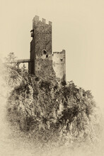 Vintage Artistic View Of The Castle Ruins Burg Schrofenstein On A Rock Outcrop Near Landeck, Tyrol, Austria
