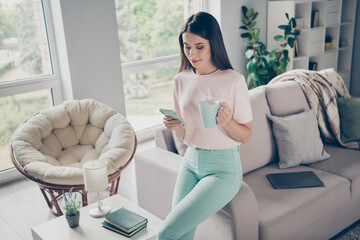 Canvas Print - Photo portrait of woman holding turquoise mug phone sitting on sofa arm indoors