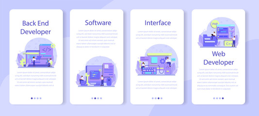Poster - Back end development mobile application banner set. Software development process