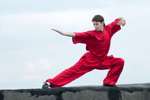 Wushoo Man In Red Practice Martial Art