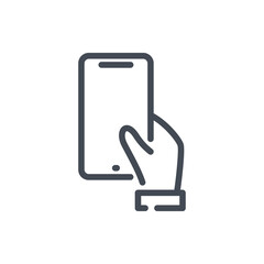 Wall Mural - Hand hold mobile phone line icon. Holding a smartphone vector outline sign.