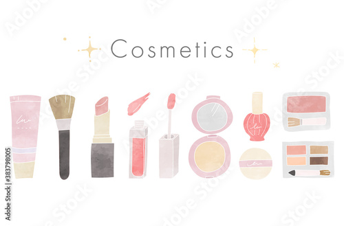 Fotobehang 水彩風コスメ メイク 化粧品のおしゃれな手描きイラストのセット かわいい 美容 ビューティー Yugoro